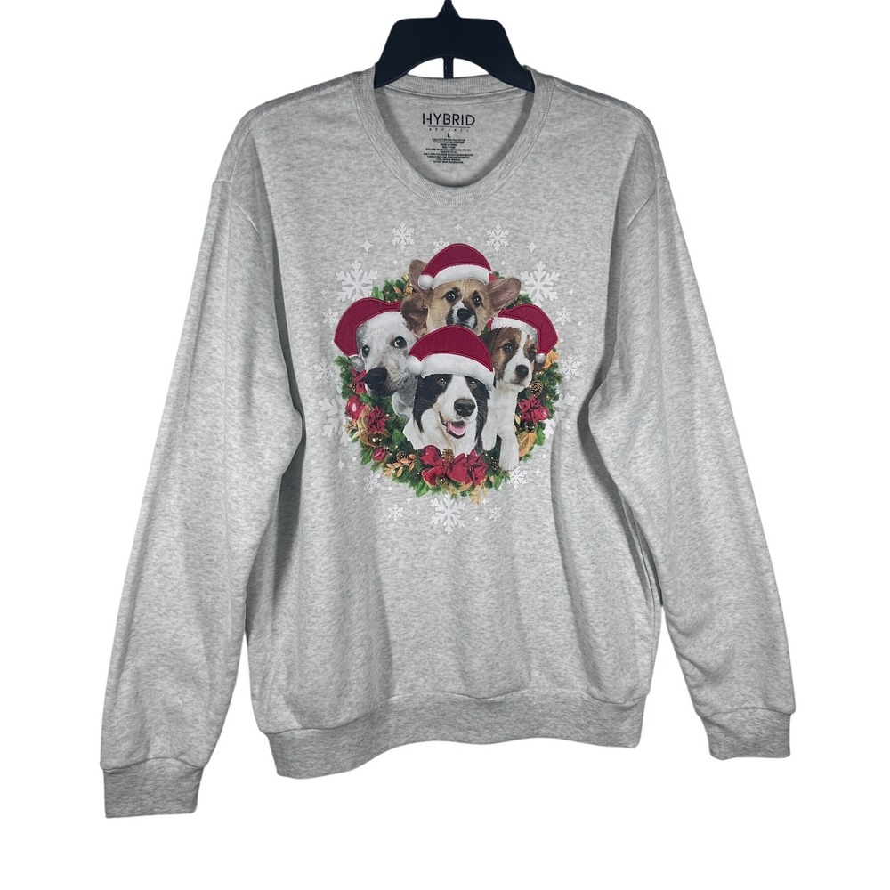 Hybrid Apparel‎ Gray Christmas Dog Wreath Sweatshirt Size Large